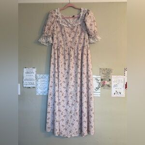 SHEIN Pink Floral Midi Dress with Puff Sleeves